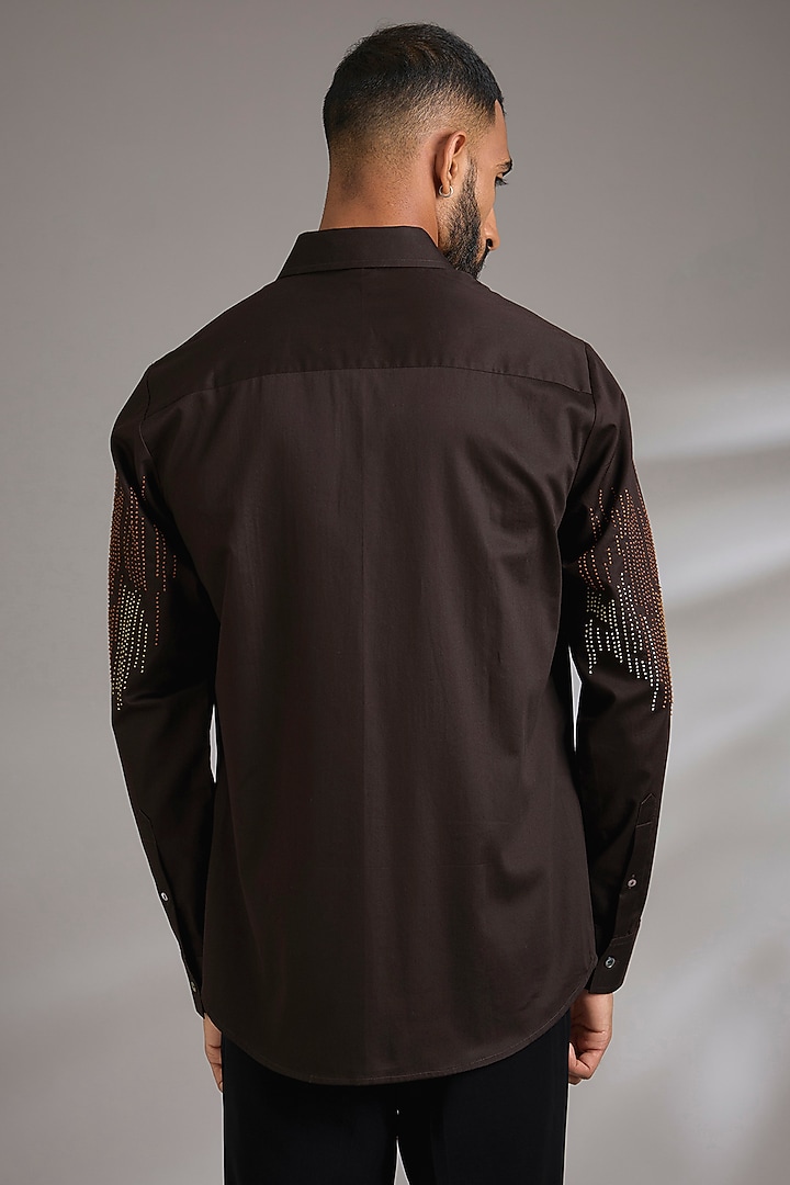 Dark Brown Cotton Satin Embroidered Wedding Shirt by Countrymade at Pernia's Pop Up Shop