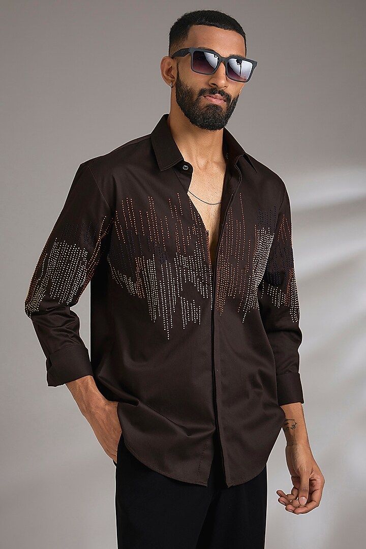 Dark Brown Cotton Satin Embroidered Wedding Shirt by Countrymade at Pernia's Pop Up Shop