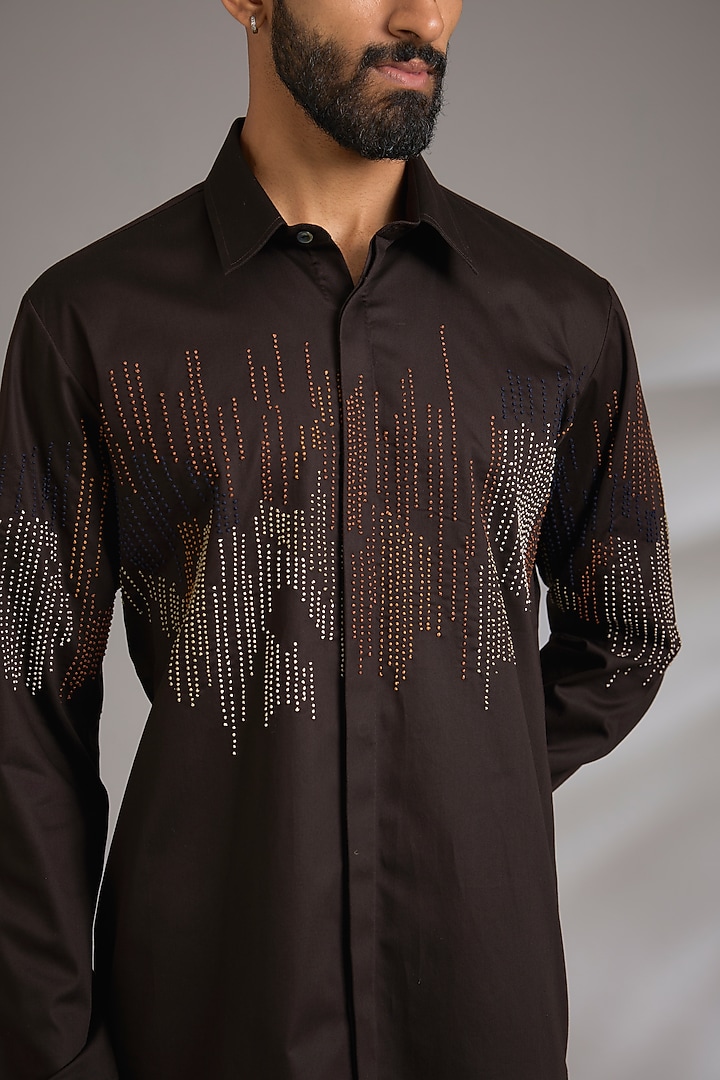 Dark Brown Cotton Satin Embroidered Wedding Shirt by Countrymade at Pernia's Pop Up Shop