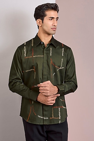 Dark Olive Cotton Satin Shirt by Countrymade