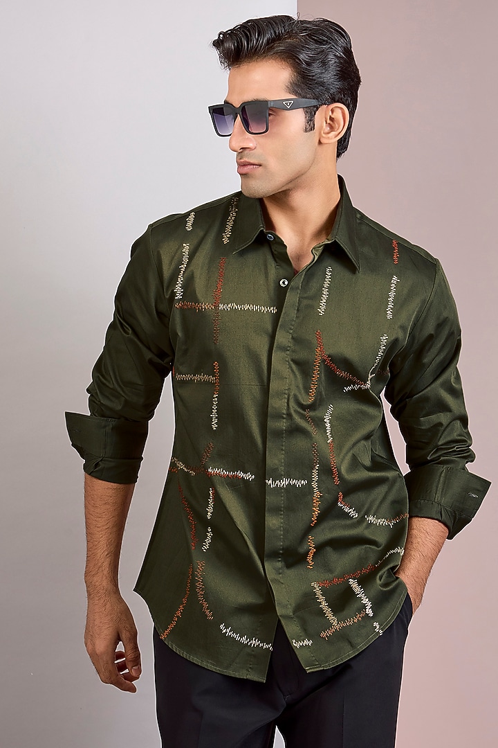 Dark Olive Cotton Satin Party Wear Shirt by Countrymade at Pernia's Pop Up Shop