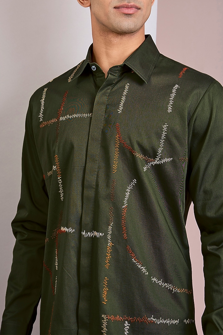 Dark Olive Cotton Satin Party Wear Shirt by Countrymade at Pernia's Pop Up Shop