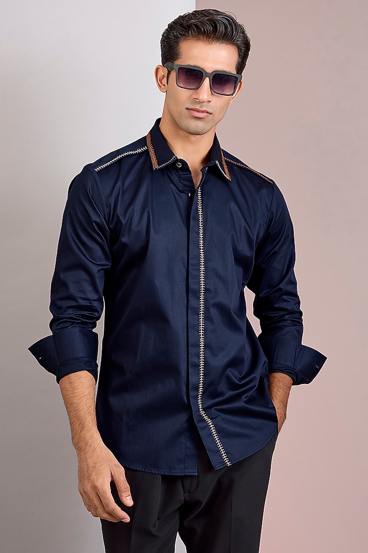 Navy Cotton Satin Wedding Shirt by Countrymade at Pernia's Pop Up Shop