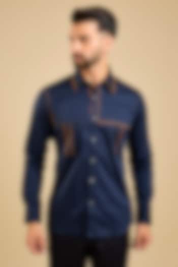 Navy Blue Cotton Satin Party Wear Shirt by Countrymade at Pernia's Pop Up Shop