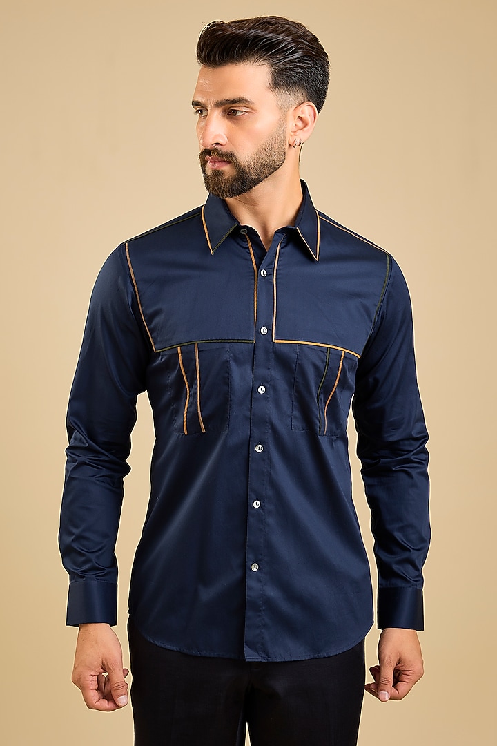 Navy Blue Cotton Satin Party Wear Shirt by Countrymade at Pernia's Pop Up Shop