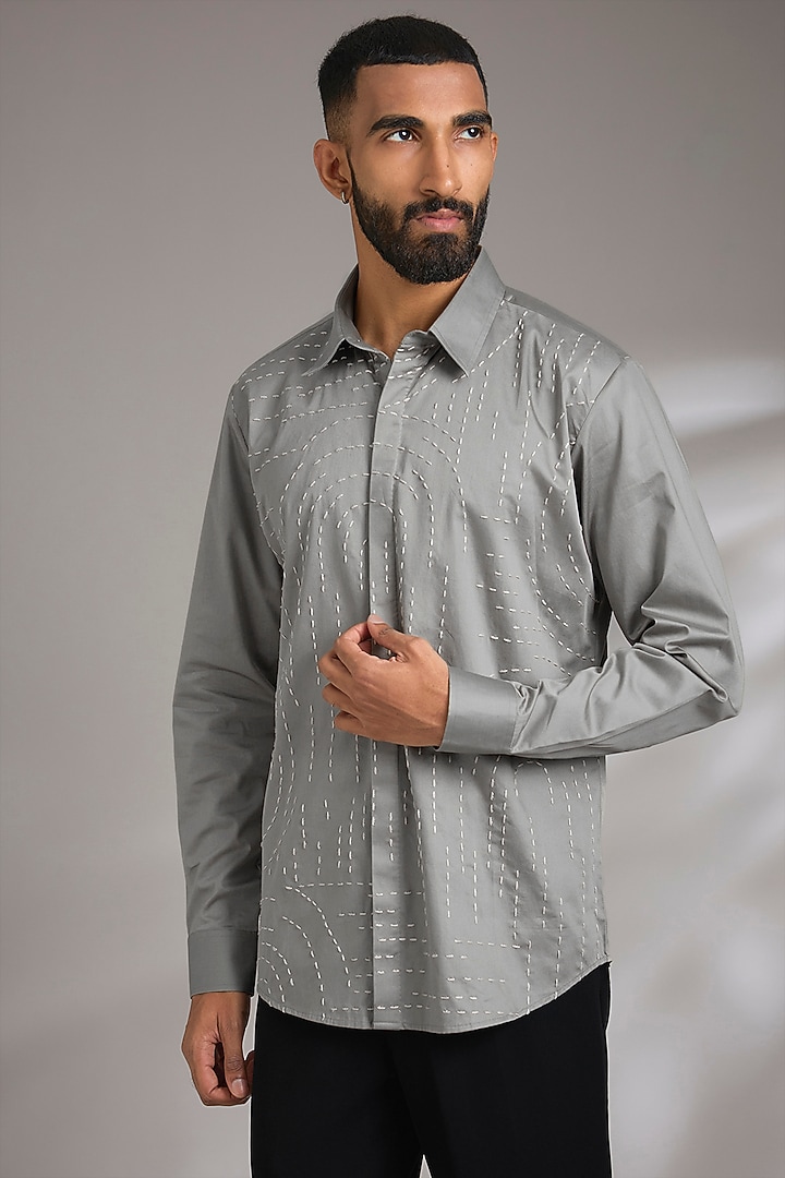 Light Olive Cotton Satin Embroidered Wedding Shirt by Countrymade at Pernia's Pop Up Shop