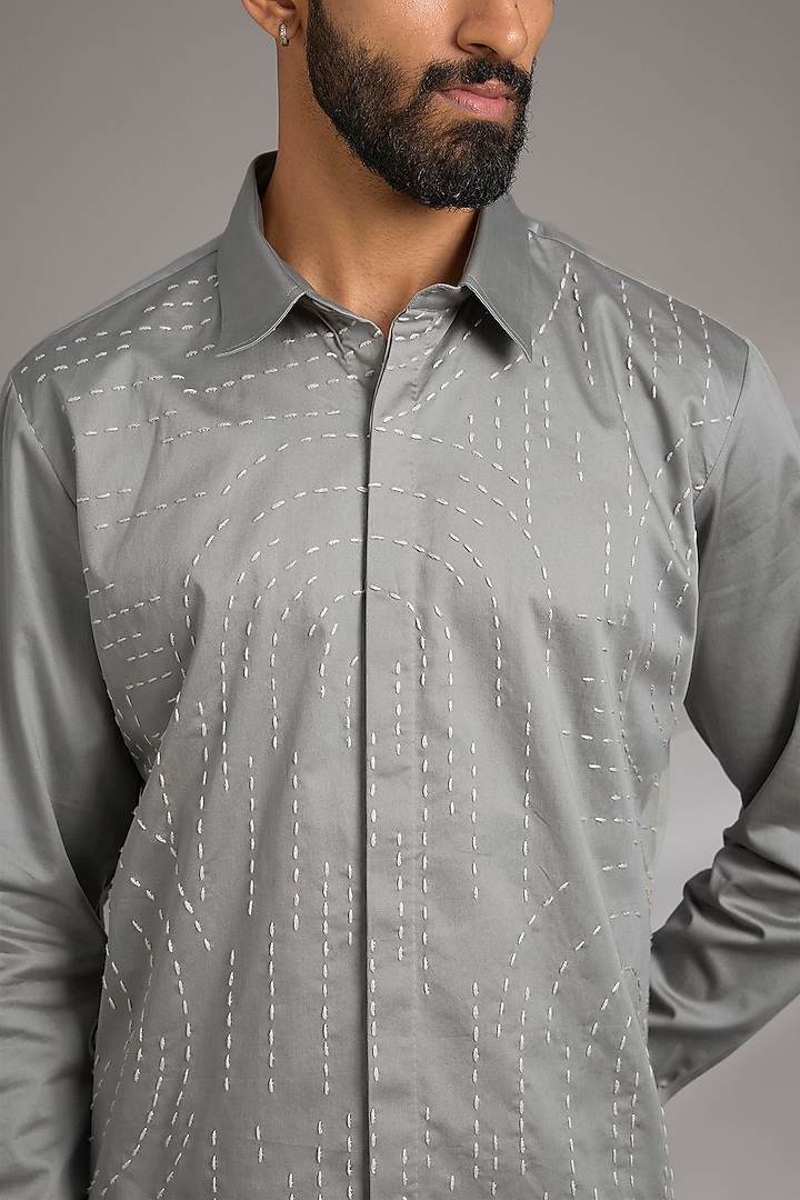 Light Olive Cotton Satin Embroidered Wedding Shirt by Countrymade at Pernia's Pop Up Shop