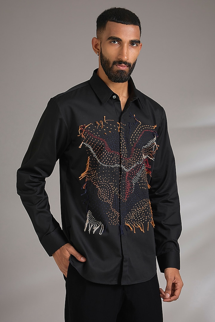 Black Cotton Satin Embroidered Party Wear Shirt by Countrymade at Pernia's Pop Up Shop