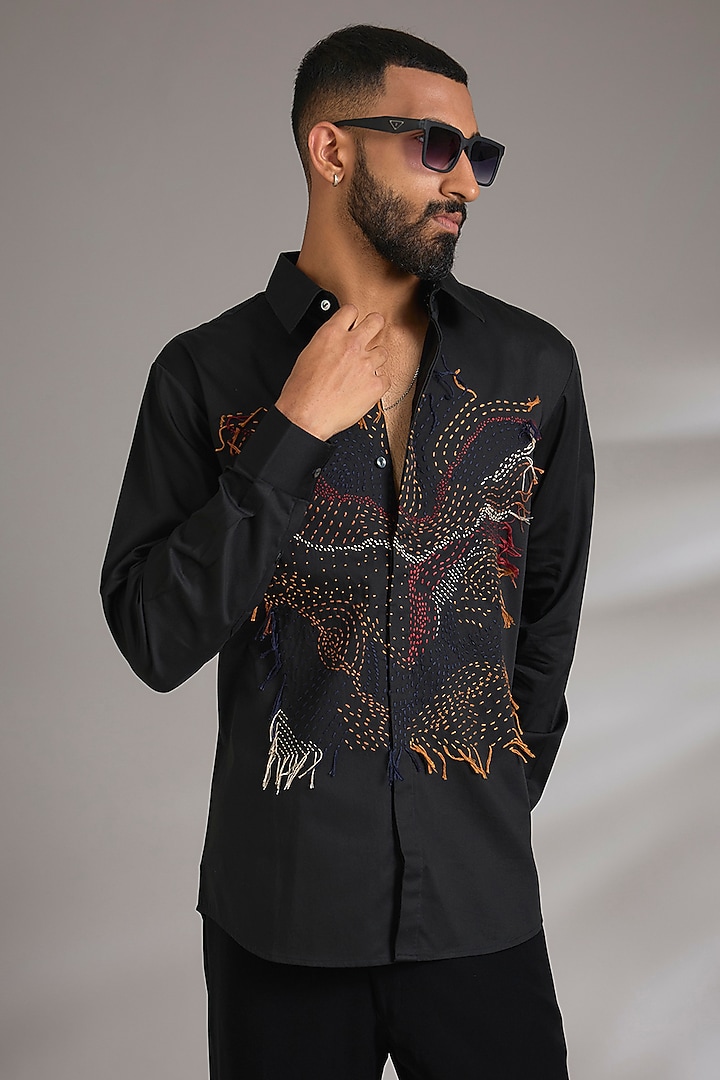Black Cotton Satin Embroidered Party Wear Shirt by Countrymade at Pernia's Pop Up Shop