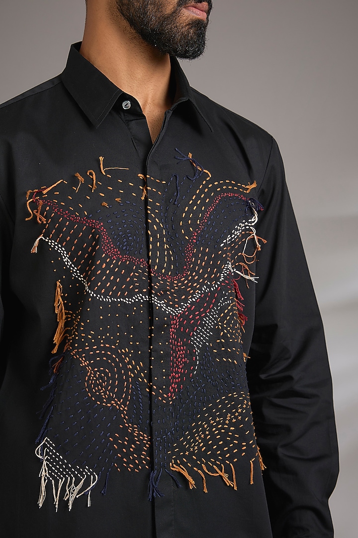 Black Cotton Satin Embroidered Party Wear Shirt by Countrymade at Pernia's Pop Up Shop