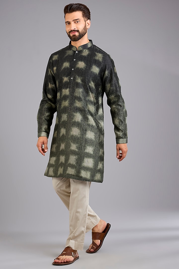 Olive Green Dupion Silk Printed Kurta by Countrymade at Pernia's Pop Up Shop