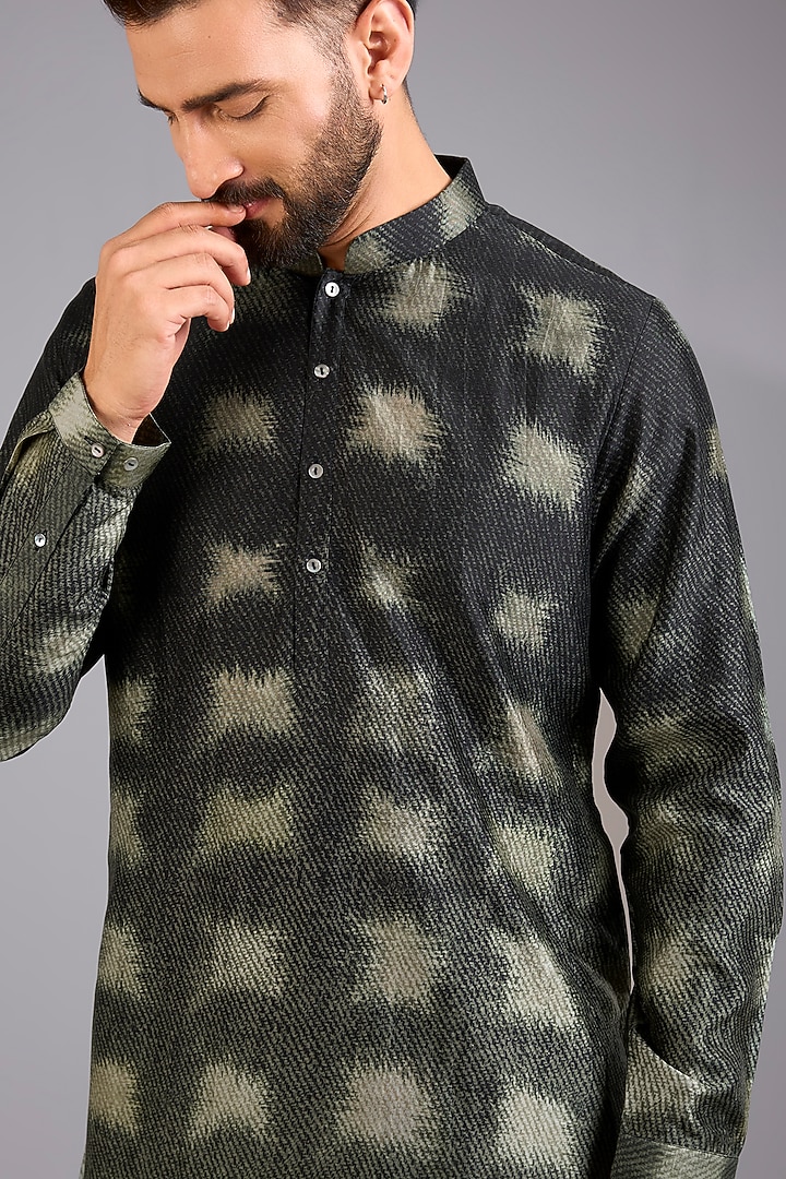 Olive Green Dupion Silk Printed Kurta by Countrymade at Pernia's Pop Up Shop