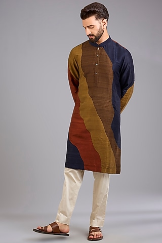 Multi-Colored Dupion Silk Printed Kurta Set by Countrymade