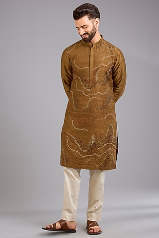 Mustard Dupion Silk Printed Kurta Set by Countrymade
