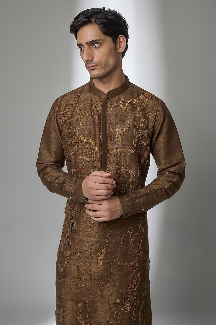 Brown Silk Kurta Set by Countrymade at Pernia's Pop Up Shop