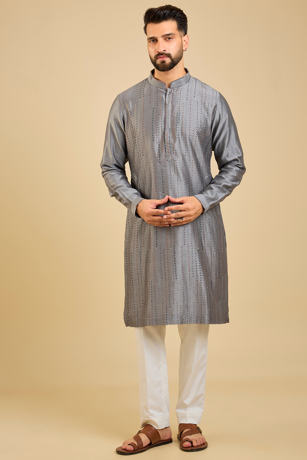 Countrymade Grey Chanderi Embroidered Kurta Set
