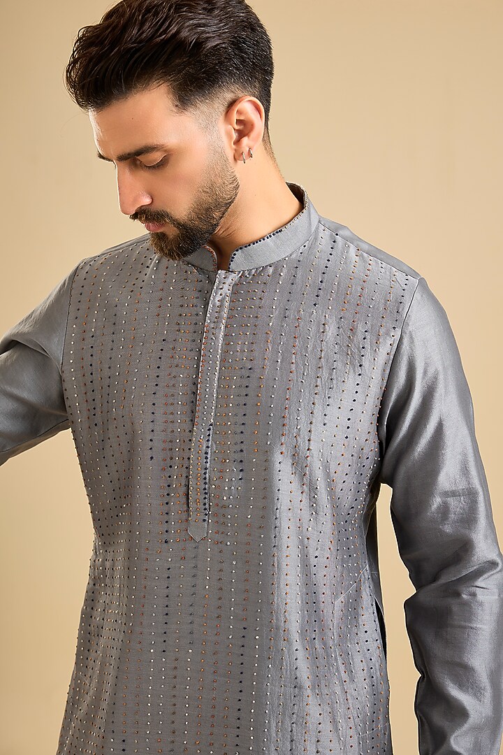 Grey Chanderi Embroidered Kurta Set by Countrymade at Pernia's Pop Up Shop
