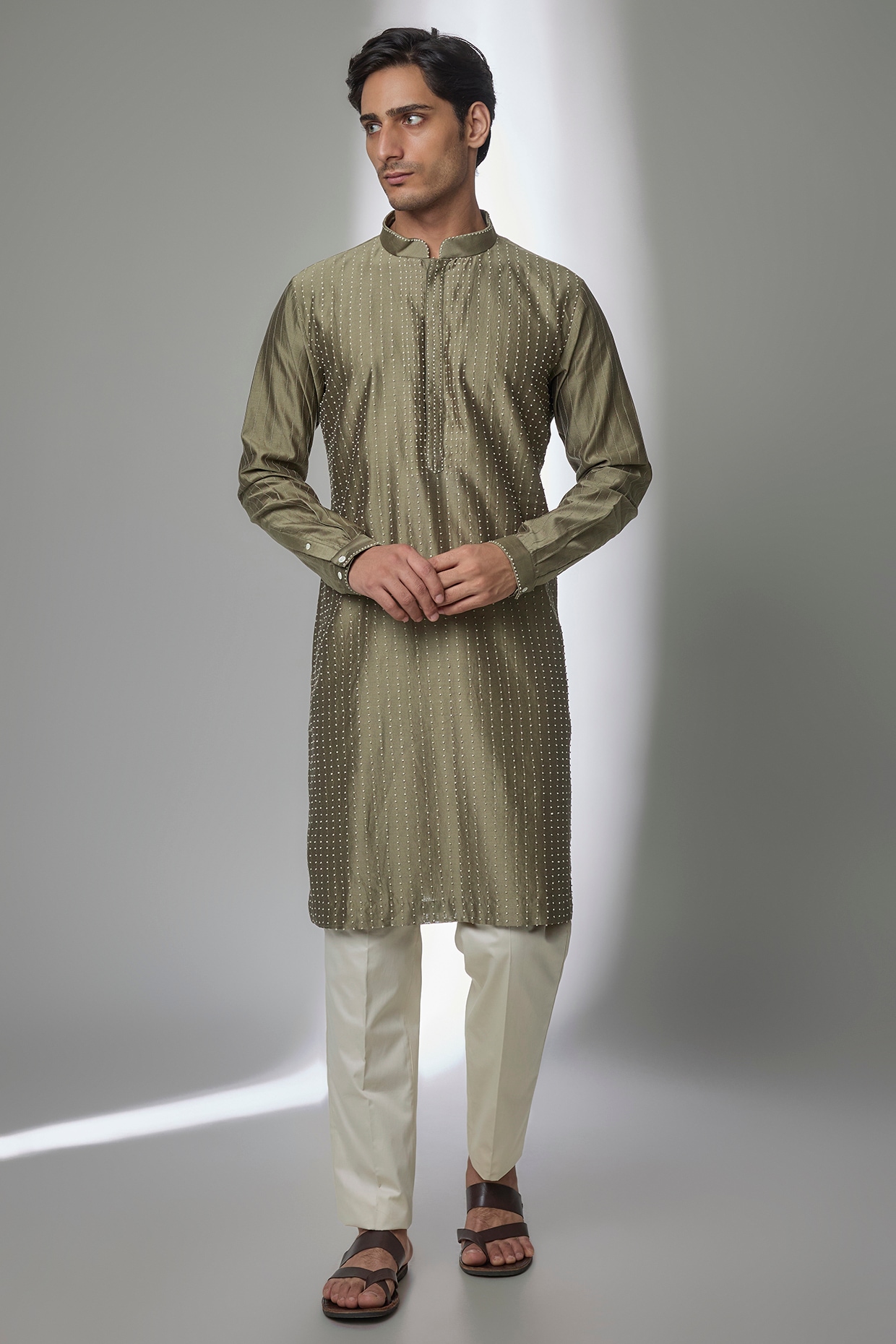 Countrymade Light Olive Silk Kurta Set
