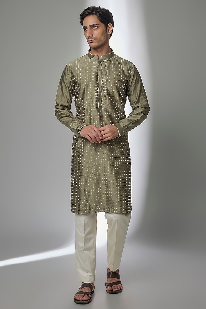 Light Olive Silk Kurta Set by Countrymade at Pernia's Pop Up Shop