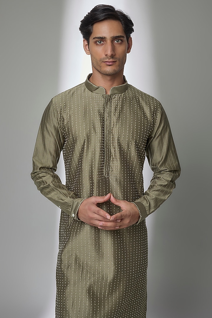 Light Olive Silk Kurta Set by Countrymade at Pernia's Pop Up Shop