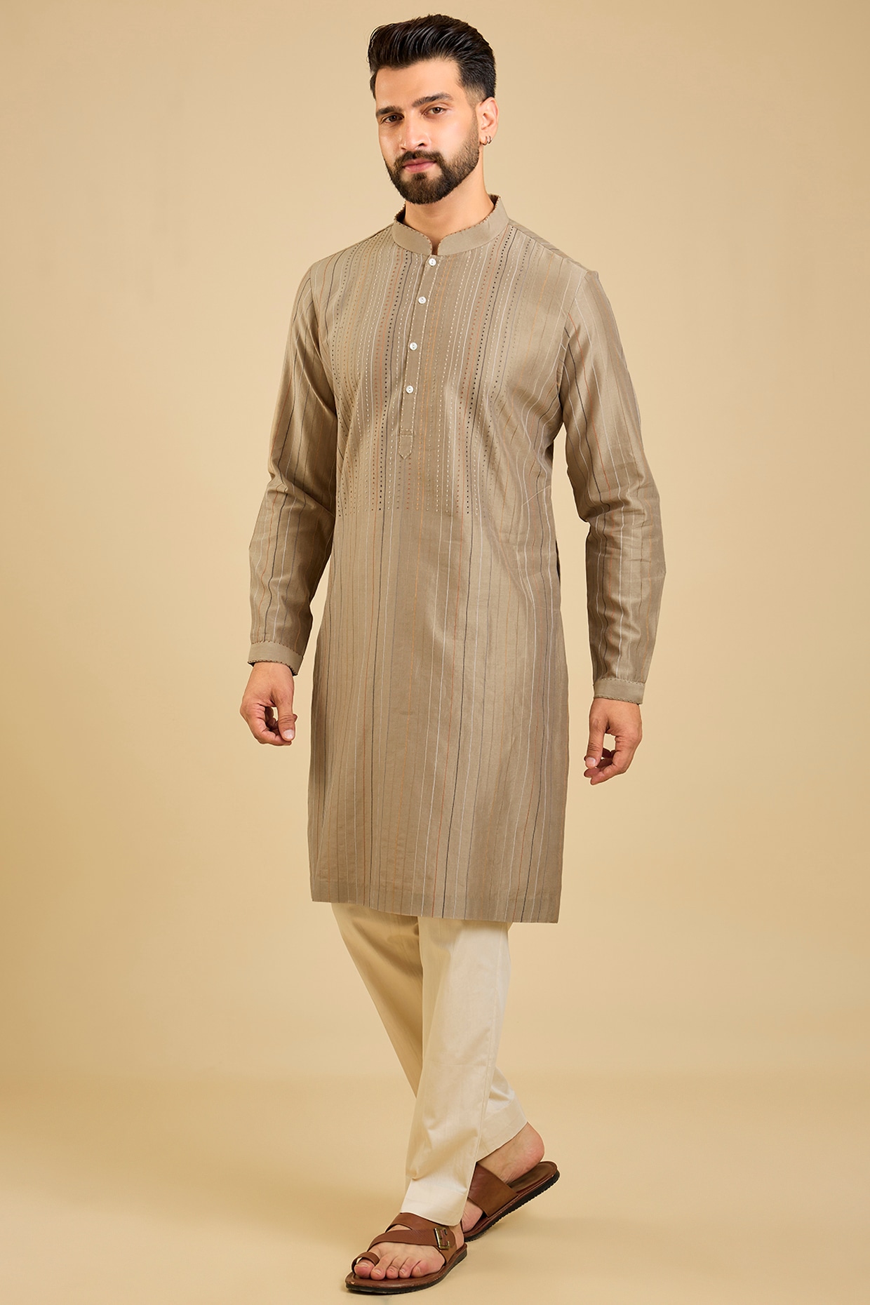 Countrymade Beige Chanderi Embroidered Kurta Set
