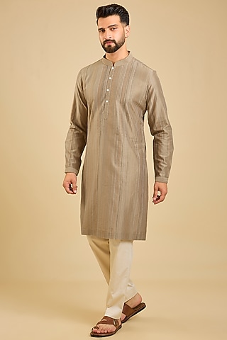 Beige Chanderi Embroidered Kurta Set by Countrymade