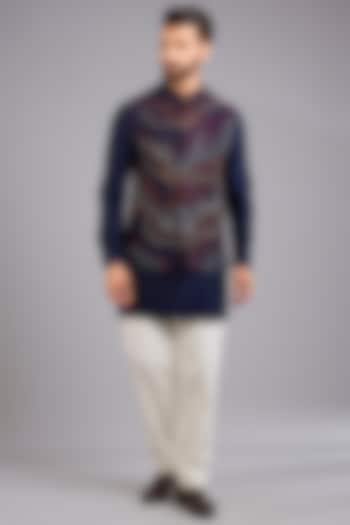 Navy Blue Dupion Silk Printed Bundi Jacket Set by Countrymade at Pernia's Pop Up Shop