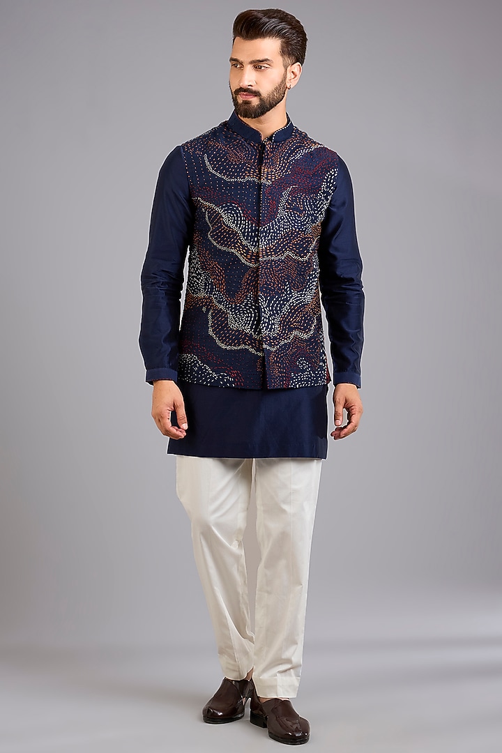Navy Blue Dupion Silk Printed Bundi Jacket Set by Countrymade at Pernia's Pop Up Shop