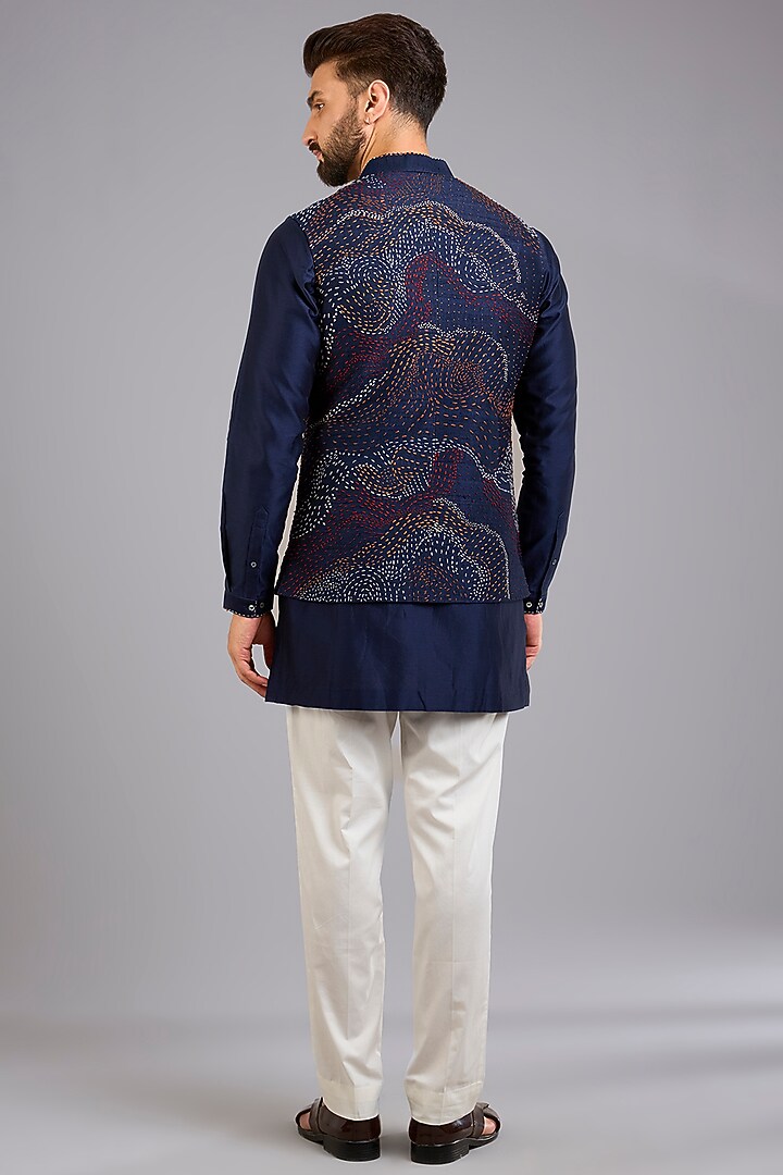 Navy Blue Dupion Silk Printed Bundi Jacket Set by Countrymade at Pernia's Pop Up Shop