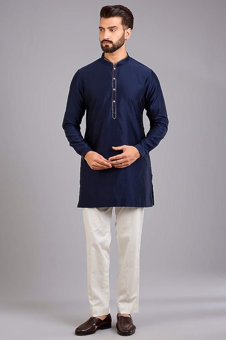 Navy Blue Dupion Silk Printed Bundi Jacket Set by Countrymade at Pernia's Pop Up Shop