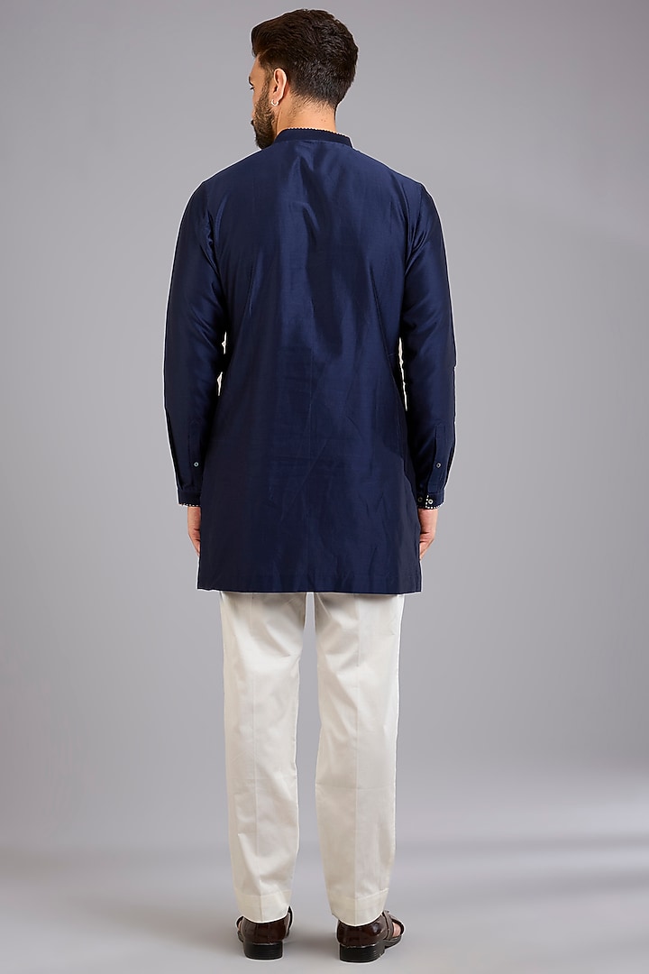 Navy Blue Dupion Silk Printed Bundi Jacket Set by Countrymade at Pernia's Pop Up Shop