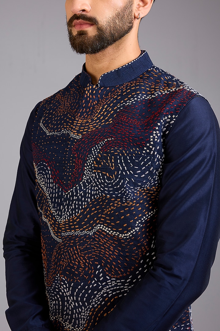 Navy Blue Dupion Silk Printed Bundi Jacket Set by Countrymade at Pernia's Pop Up Shop