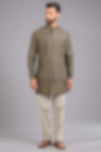 Light Olive Dupion Silk Printed Bundi Jacket Set by Countrymade at Pernia's Pop Up Shop