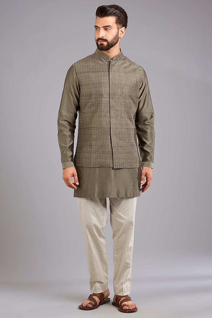 Light Olive Dupion Silk Printed Bundi Jacket Set by Countrymade at Pernia's Pop Up Shop