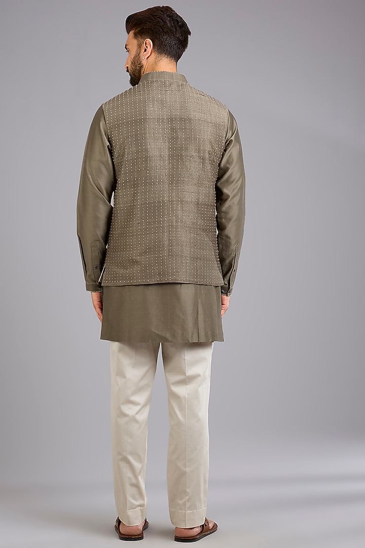 Light Olive Dupion Silk Printed Bundi Jacket Set by Countrymade at Pernia's Pop Up Shop