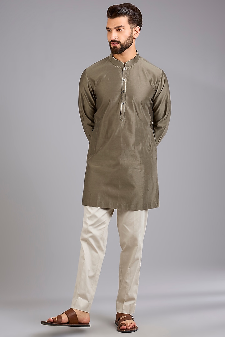 Light Olive Dupion Silk Printed Bundi Jacket Set by Countrymade at Pernia's Pop Up Shop