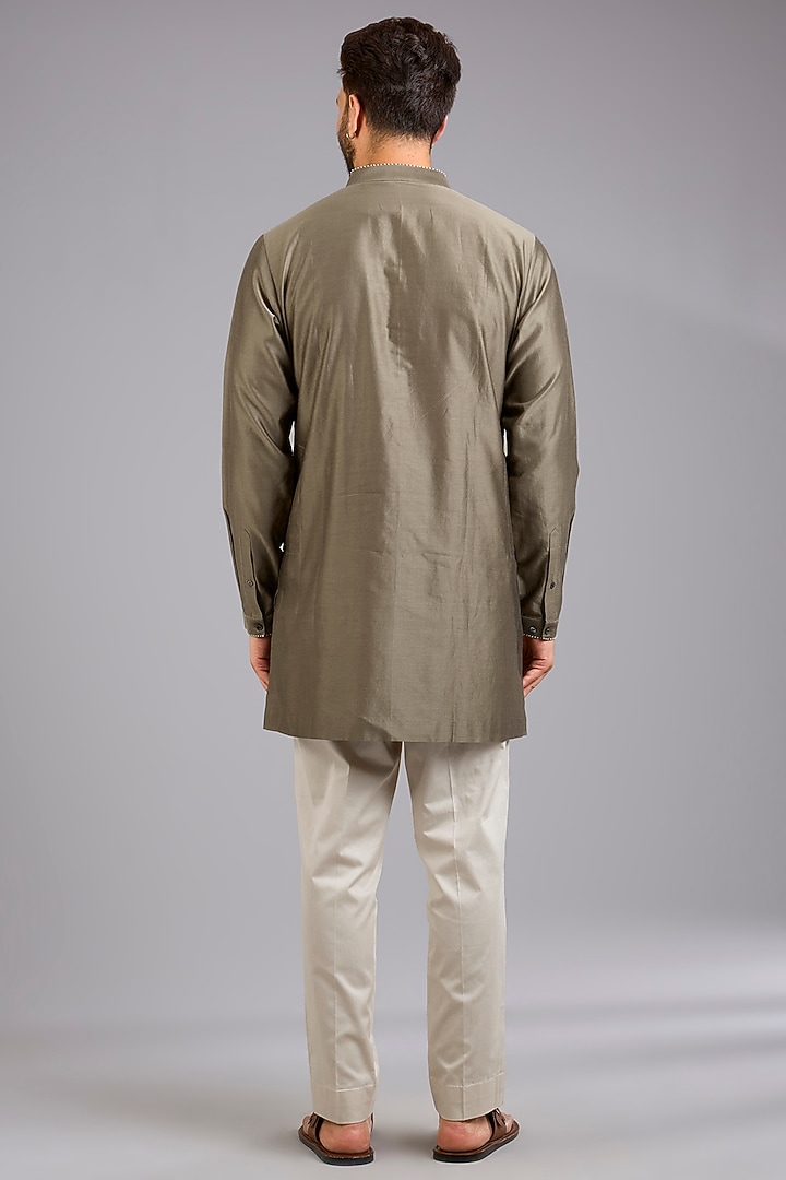 Light Olive Dupion Silk Printed Bundi Jacket Set by Countrymade at Pernia's Pop Up Shop