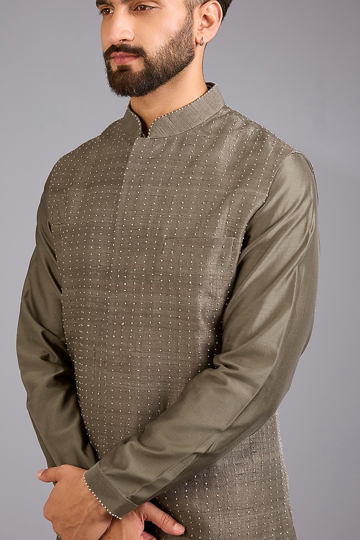Light Olive Dupion Silk Printed Bundi Jacket Set by Countrymade at Pernia's Pop Up Shop