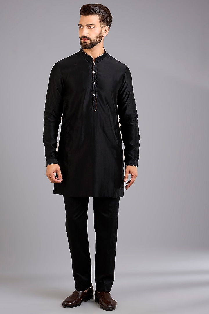 Black Dupion Silk Embroidered Bundi Jacket Set by Countrymade at Pernia's Pop Up Shop
