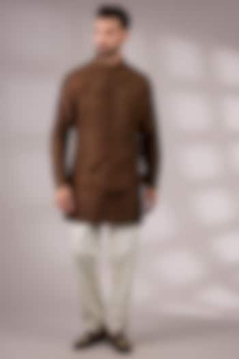 Brown Dupion Silk Embroidered Bundi Jacket Set by Countrymade at Pernia's Pop Up Shop