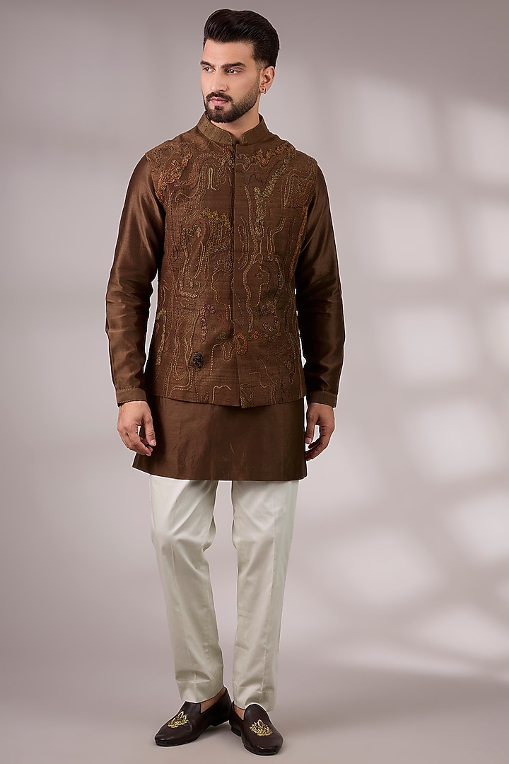 Brown Dupion Silk Embroidered Bundi Jacket Set by Countrymade at Pernia's Pop Up Shop