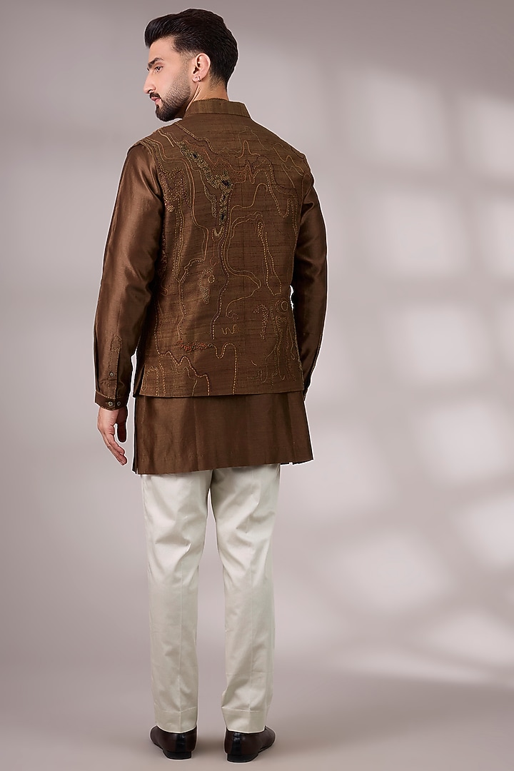 Brown Dupion Silk Embroidered Bundi Jacket Set by Countrymade at Pernia's Pop Up Shop