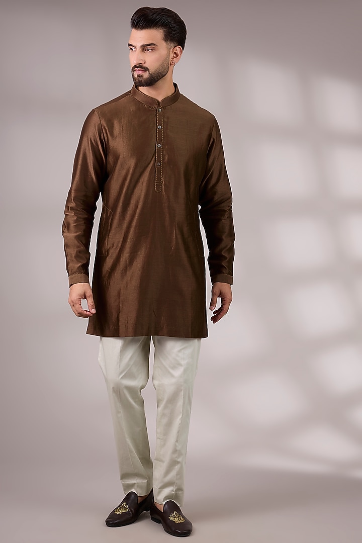 Brown Dupion Silk Embroidered Bundi Jacket Set by Countrymade at Pernia's Pop Up Shop