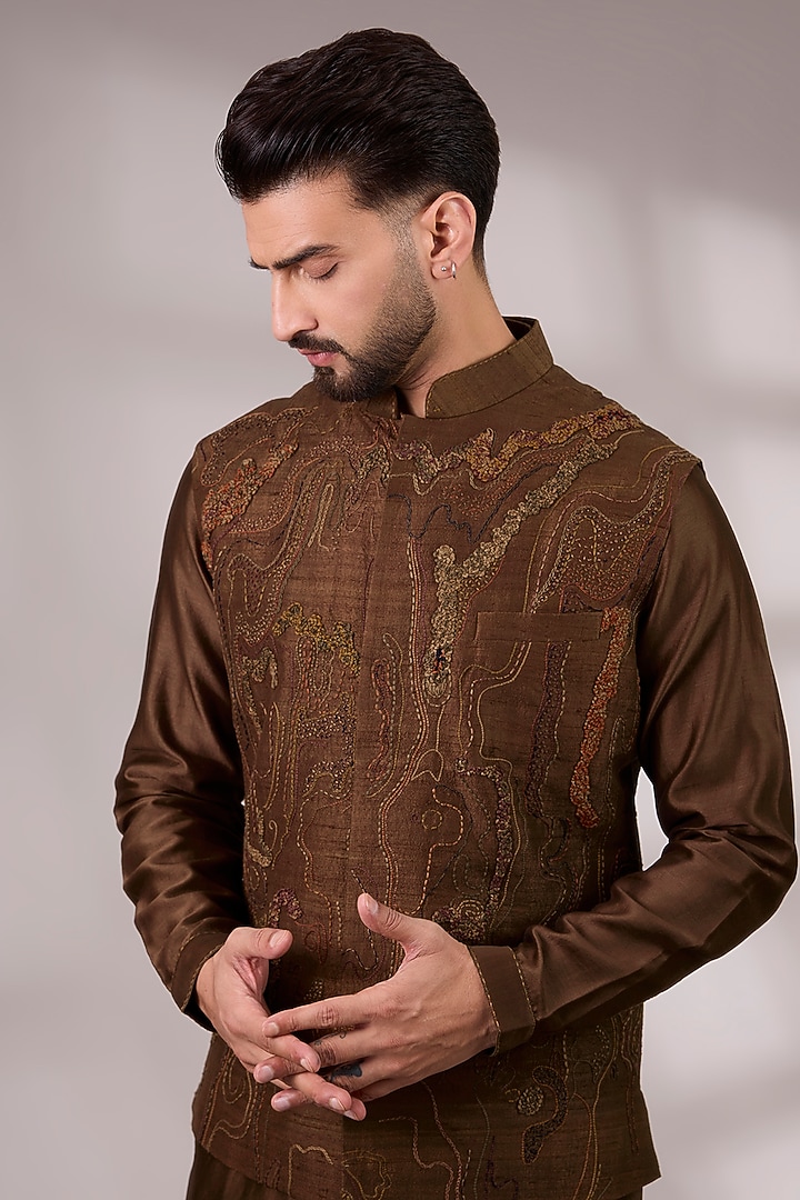 Brown Dupion Silk Embroidered Bundi Jacket Set by Countrymade at Pernia's Pop Up Shop