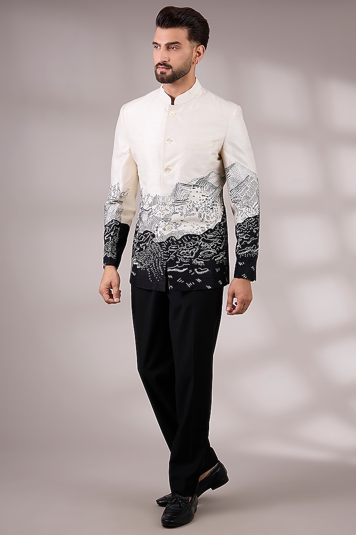 Ivory & Black Dupion Silk Groom Bandhgala Set by Countrymade at Pernia's Pop Up Shop