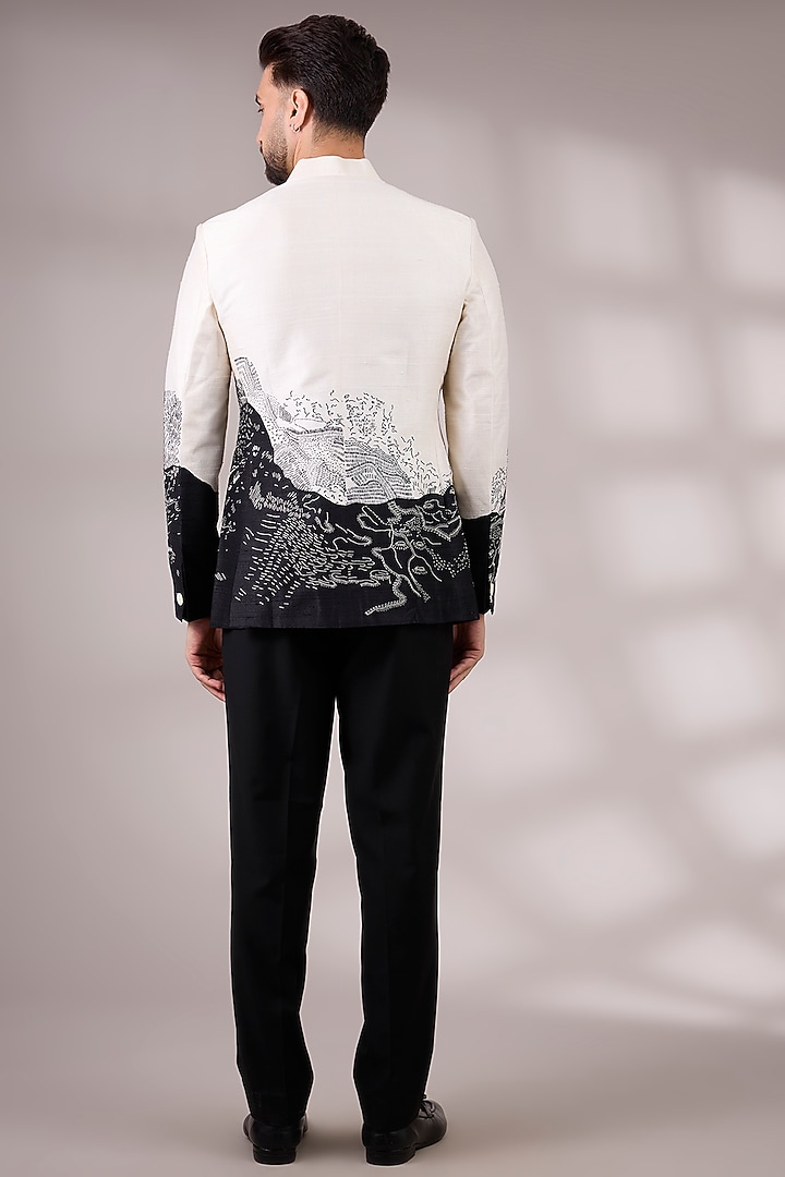 Ivory & Black Dupion Silk Groom Bandhgala Set by Countrymade at Pernia's Pop Up Shop