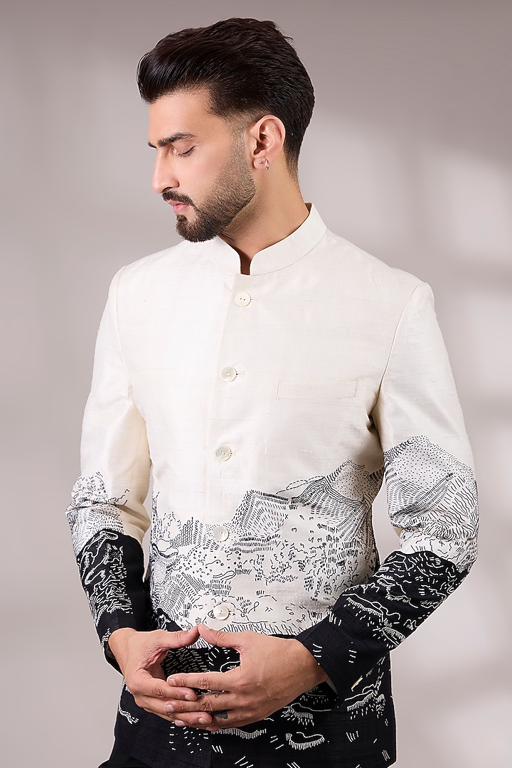 Ivory & Black Dupion Silk Groom Bandhgala Set by Countrymade at Pernia's Pop Up Shop
