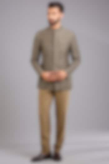 Olive Green Dupion Silk Embroidered Groom Bandhgala Set by Countrymade at Pernia's Pop Up Shop