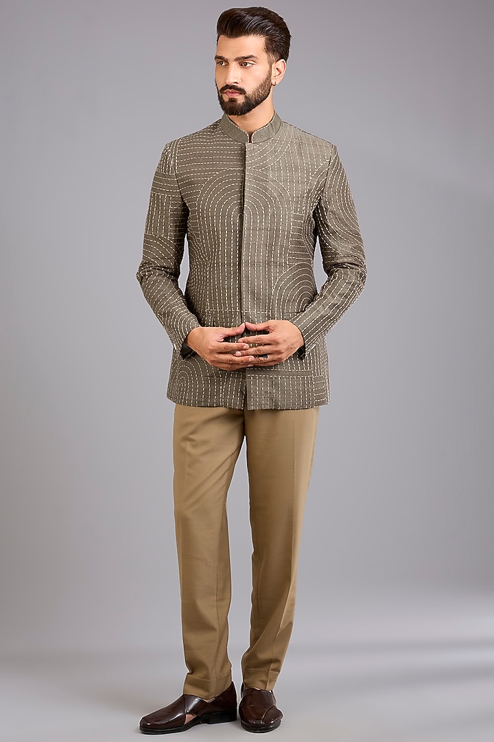 Olive Green Dupion Silk Embroidered Groom Bandhgala Set by Countrymade at Pernia's Pop Up Shop