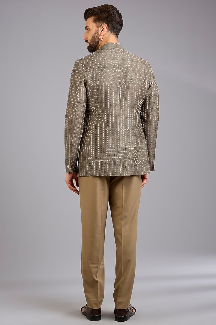 Olive Green Dupion Silk Embroidered Groom Bandhgala Set by Countrymade at Pernia's Pop Up Shop